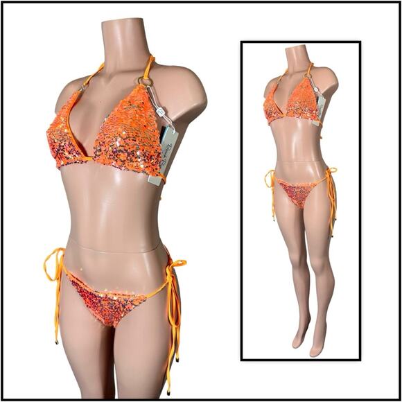Beach Bunny Orange Icon Triangle Top DD & Icon Tie Side Skimpy Bottom M $250 - Picture 3 of 12
